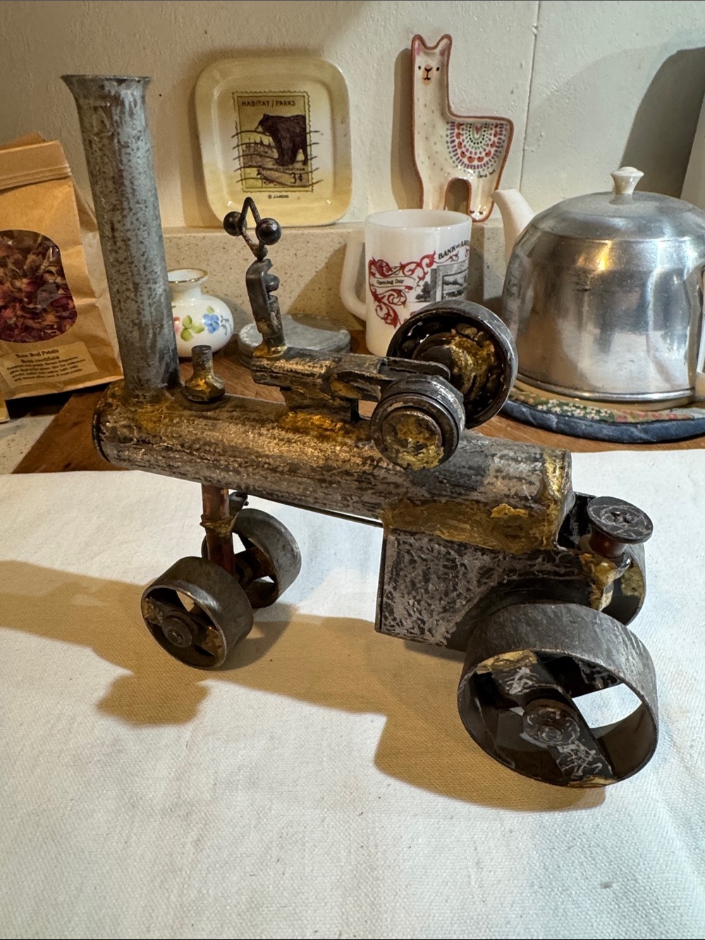 Steampunk Metal Steam Engine Sculpture - Rustic Black and Gold Art